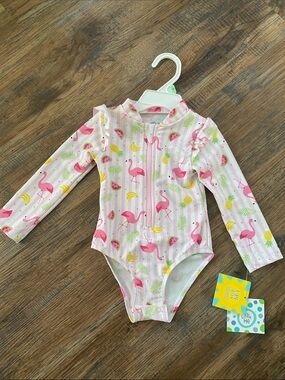 Little Me Pink/White Flamingo Rash Guard Swimsuit 18mos